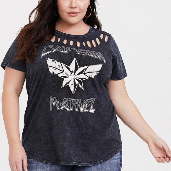 torrid Tops - Captain Marvel Slashed Top Navy Blue Distressed
